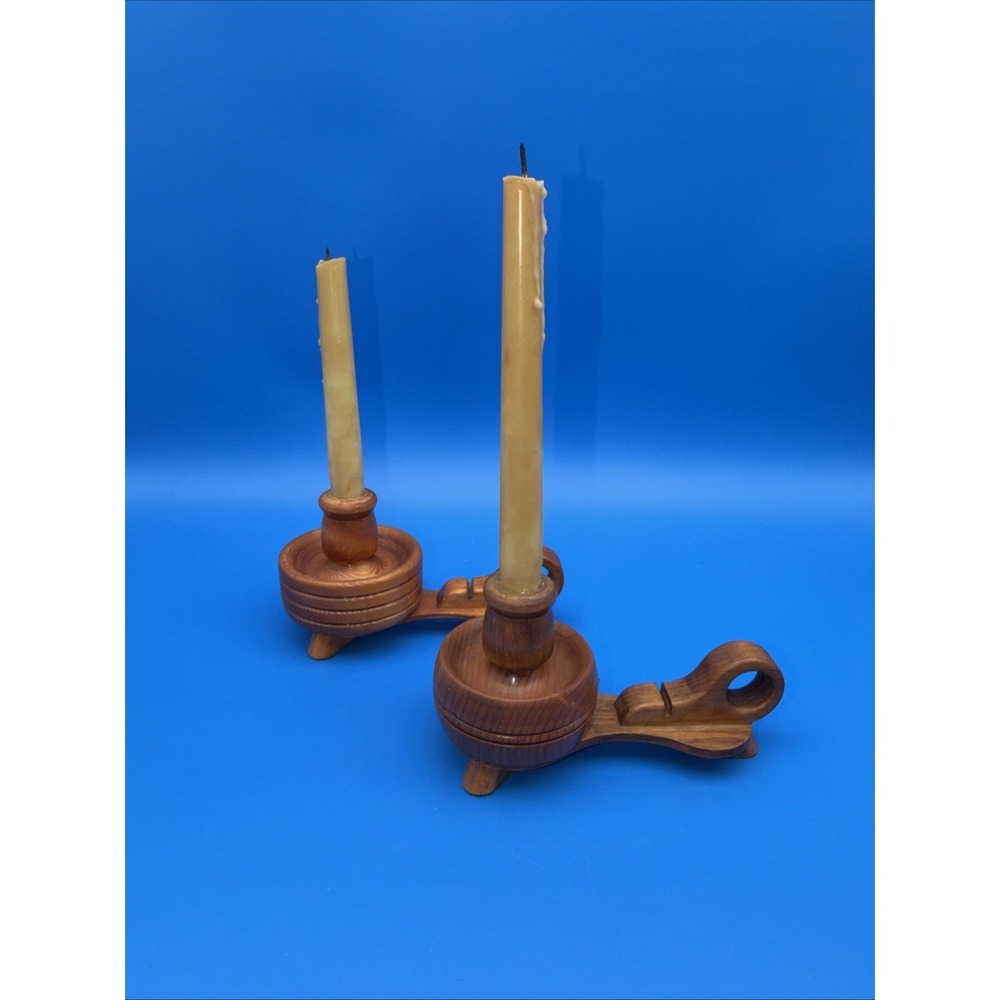 Solid Wood Taper Candle Holders (set Of 2) Folk Art Cottage Country Artist Sign